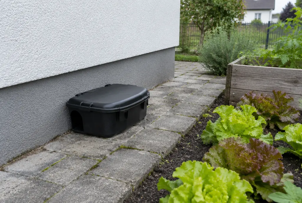 Verschlossene schwarze Köderschutzstation an der Hauswand neben einem Gemüsebeet