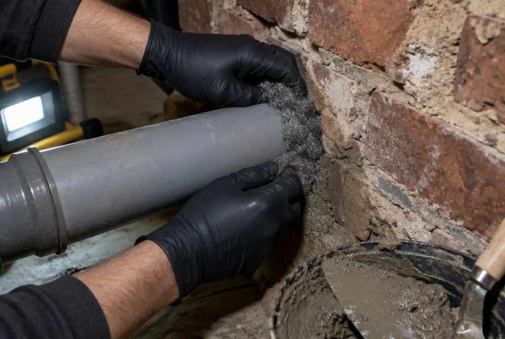 Hände in Arbeitshandschuhen stopfen Stahlwolle in den Spalt um ein Abwasserrohr in einer Kellerwand