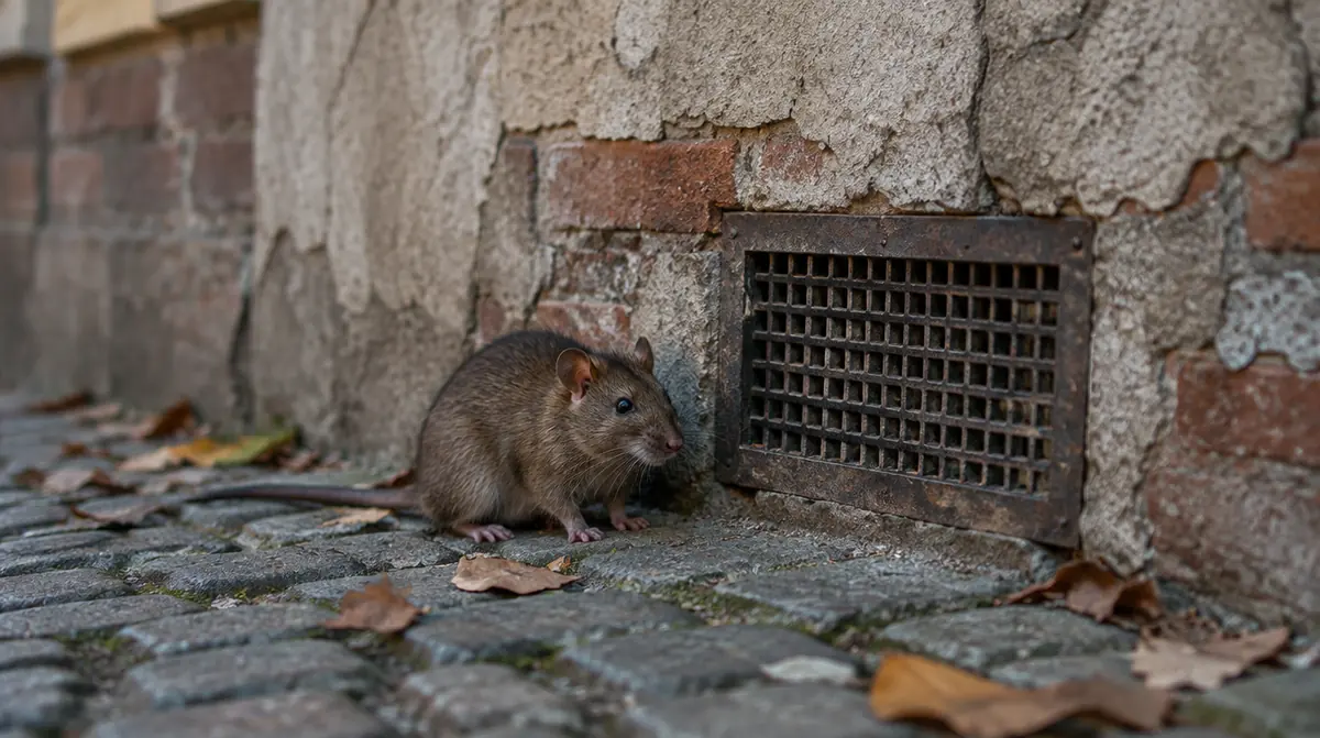 Wanderratte an einer Altbau-Hauswand neben einem Kellergitter